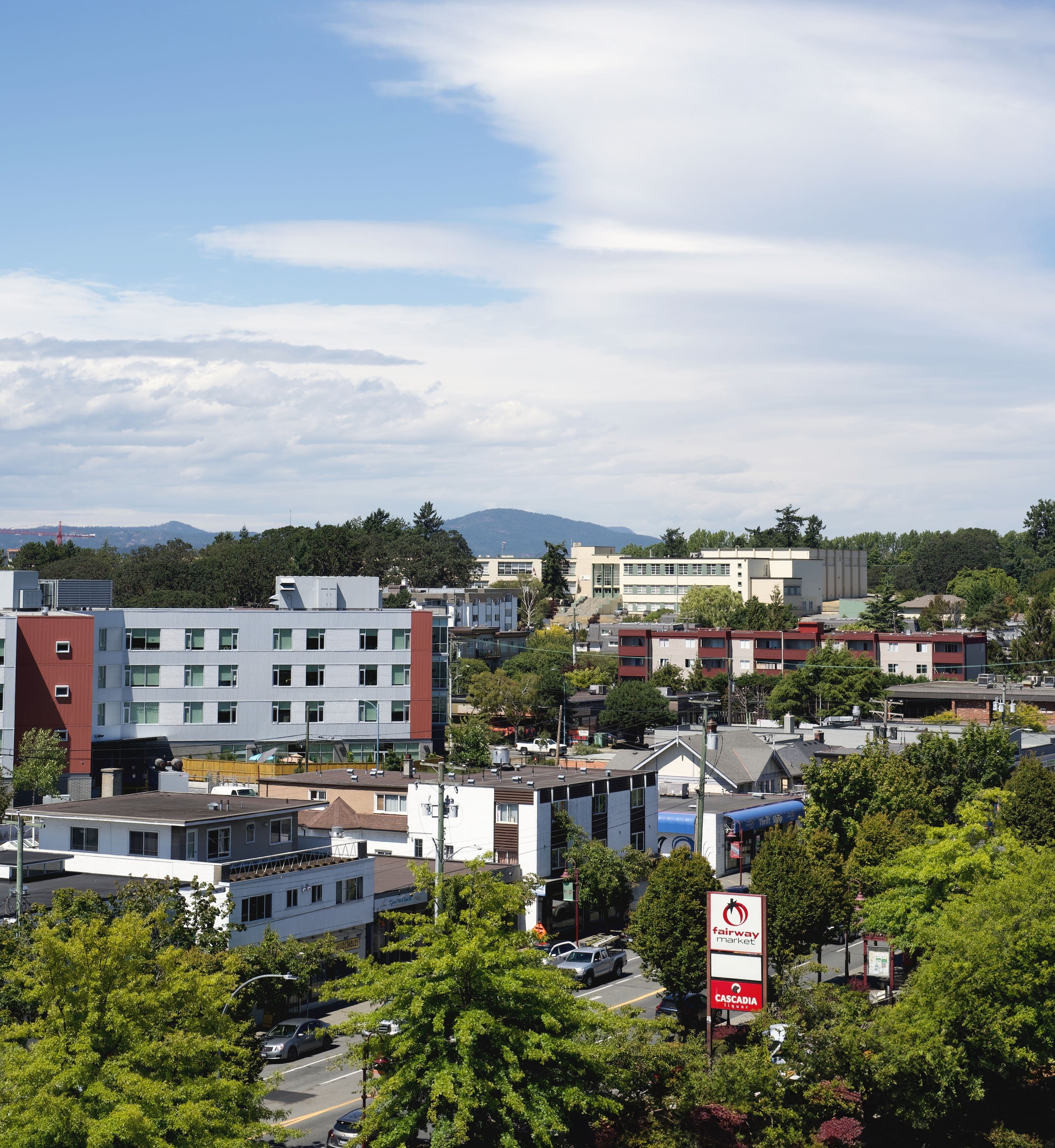 image of city skyline with low rise buildings, trees and mountains in background